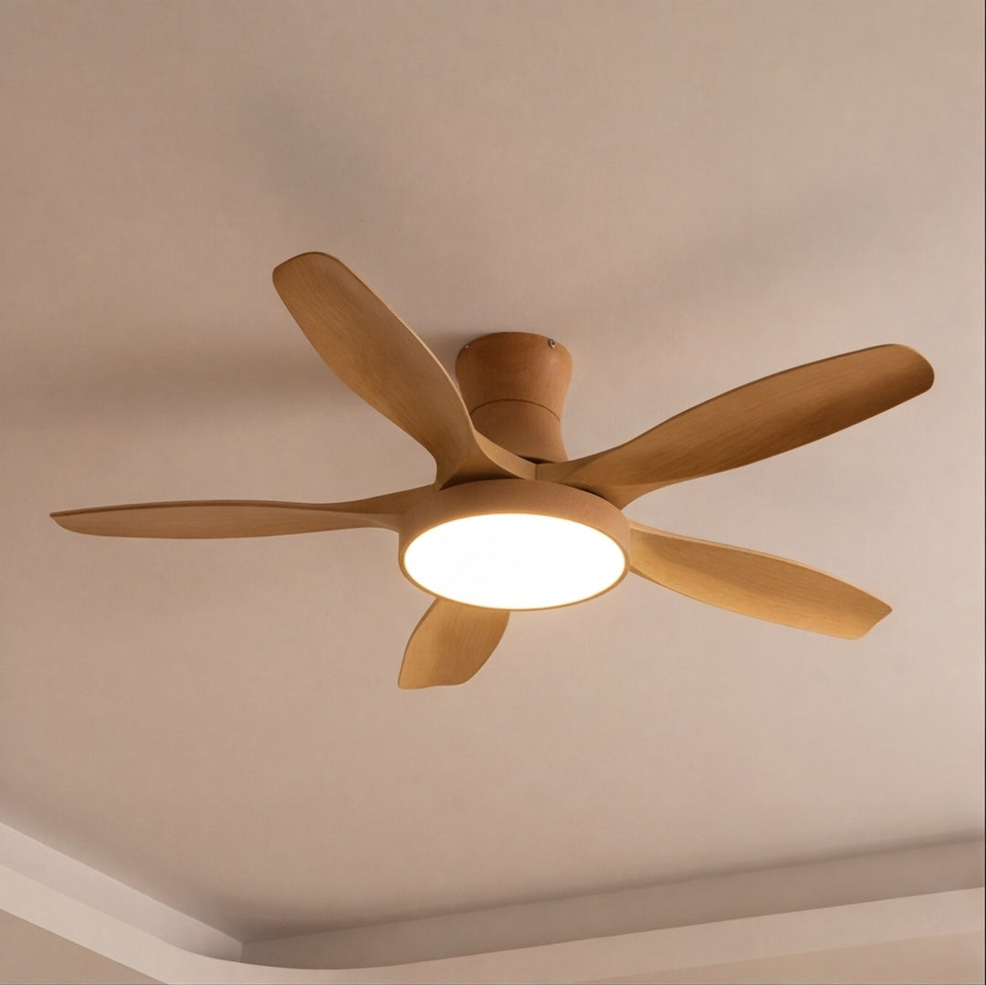 Modern Industrial Ceiling Fan Light Flush Mount Imitation Wood Blades Integrated LED