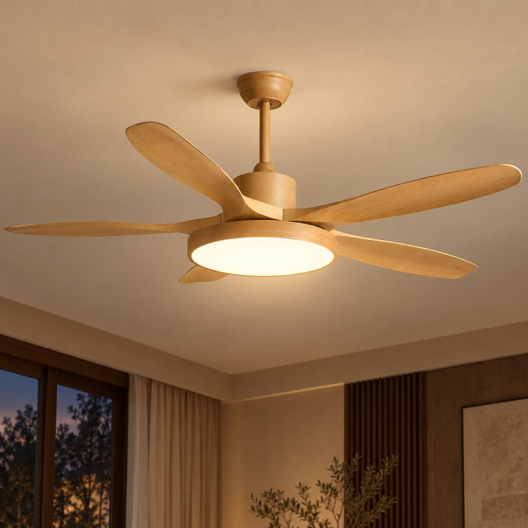 Modern Industrial Ceiling Fan Light Flush Mount Imitation Wood Blades Integrated LED