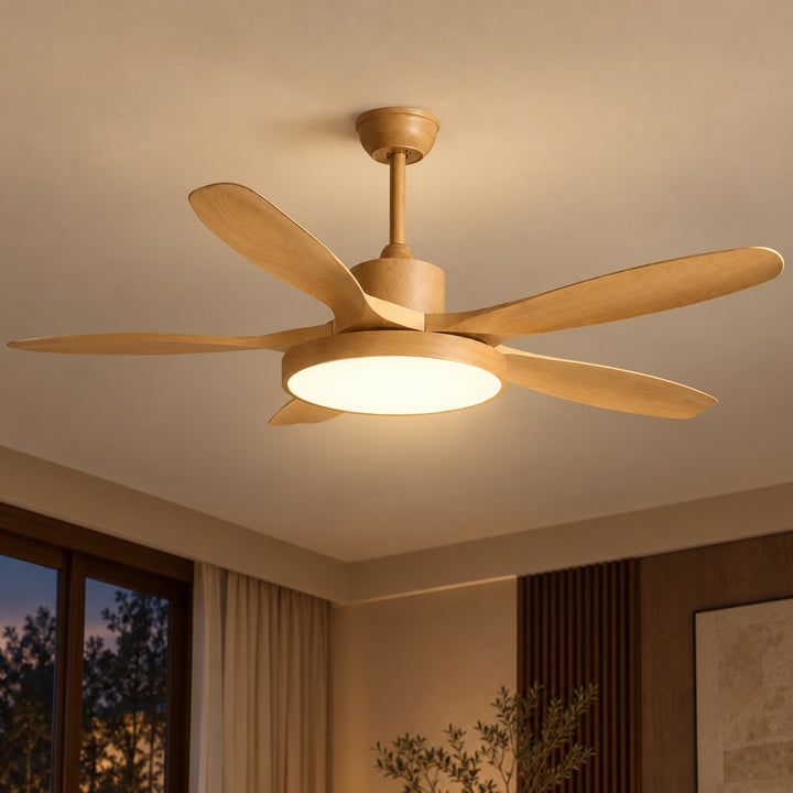 Modern Industrial Ceiling Fan Light Flush Mount Imitation Wood Blades Integrated LED