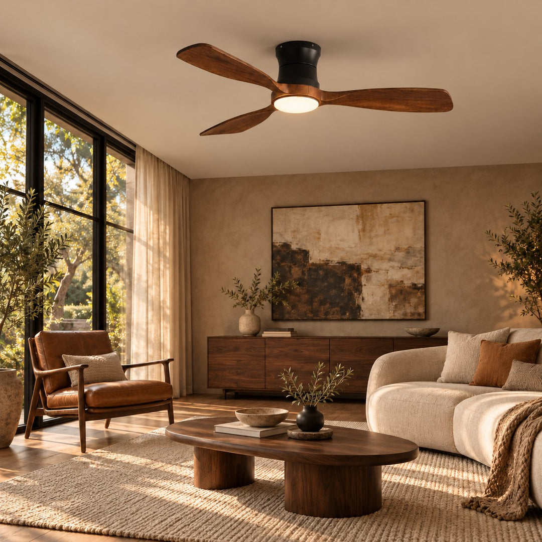 Modern Ceiling Fan 48 Inch Flush Mount Solid Wood Blades Dimmable LED Light Remote Control
