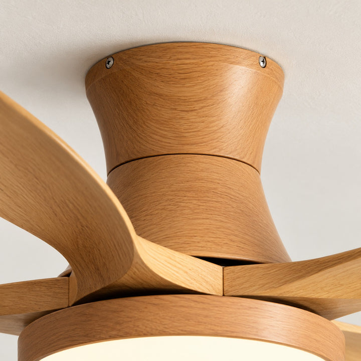 Modern Industrial Ceiling Fan Light Flush Mount Imitation Wood Blades Integrated LED