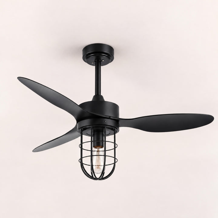 Modern Ceiling Fan Flush Mount with Iron Cage Light Wood Blades Quiet DC Motor 6-Speed