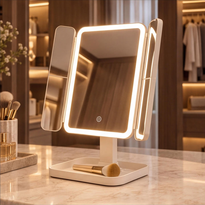 Modern Trifold Makeup Mirror with Lights Adjustable Brightness 10X Magnifying Plastic Design