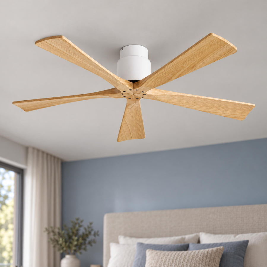 Modern Ceiling Fan Flush Mount Solid Wood Blades Quiet DC Motor Remote Control 52 Inch in the bedroom