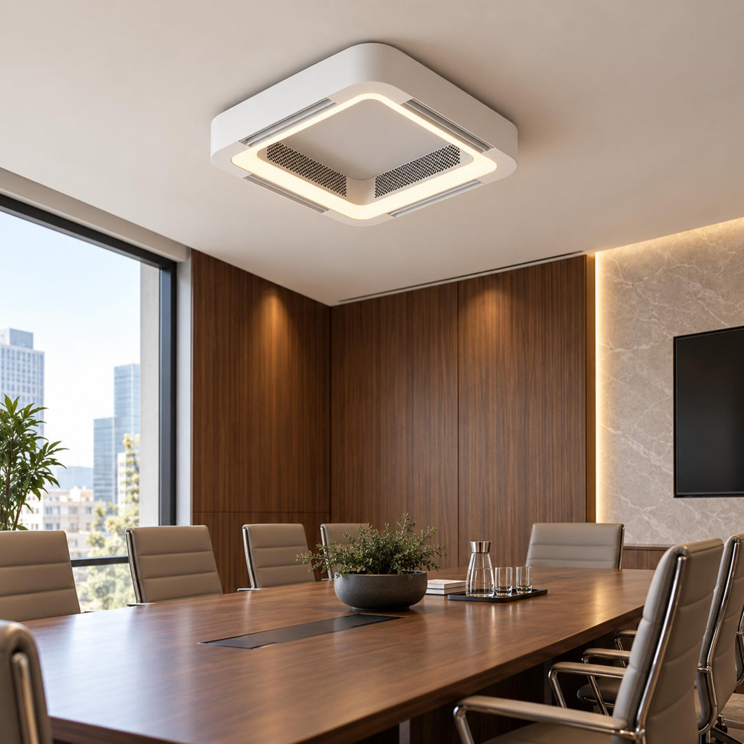 Modern Bladeless Ceiling Fan with Flush Mount Design Dimmable LED Light and Remote Control