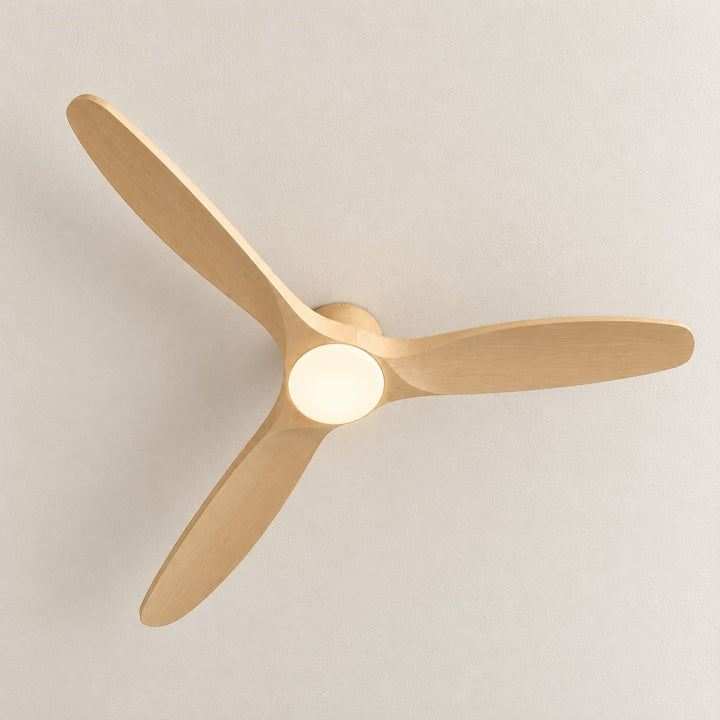 Modern Ceiling Fan Flush Mount Solid Wood Blades Integrated Dimmable LED Light Remote Control 52 Inch