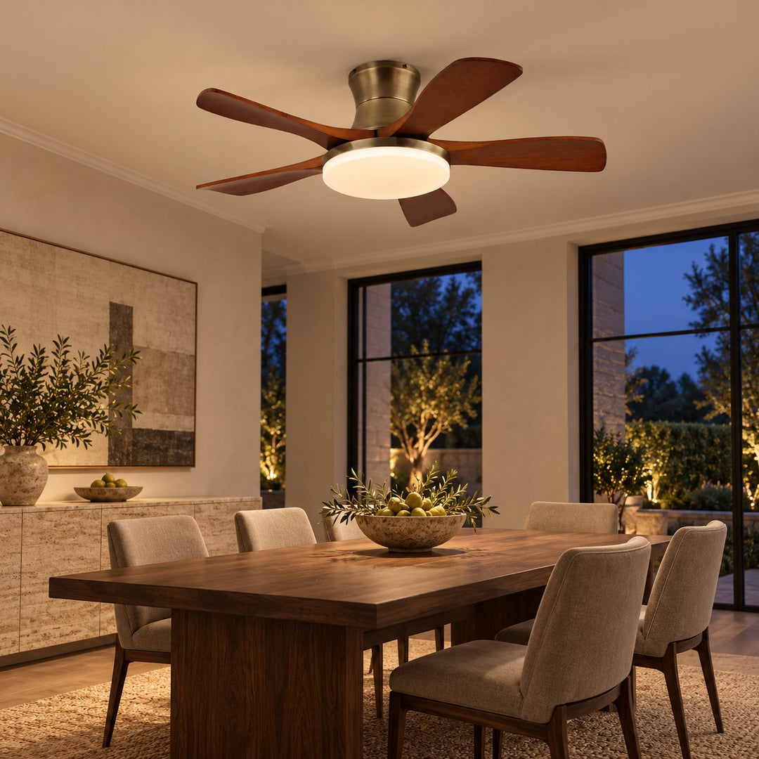 Modern Ceiling Fan with Lights Flush Mount Metal Frame Wooden Blades Integrated LED 6-Speed Control