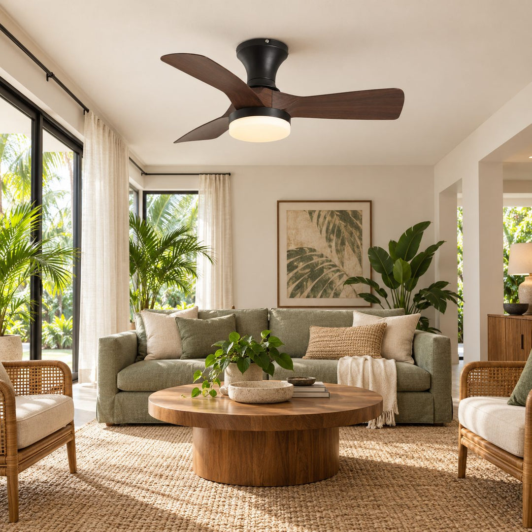 Modern Ceiling Fan Light Flush Mount Metal Frame ABS Blades Integrated LED Dimmable 6-Speed