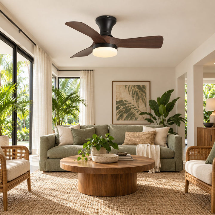 Modern Ceiling Fan Light Flush Mount Metal Frame ABS Blades Integrated LED Dimmable 6-Speed