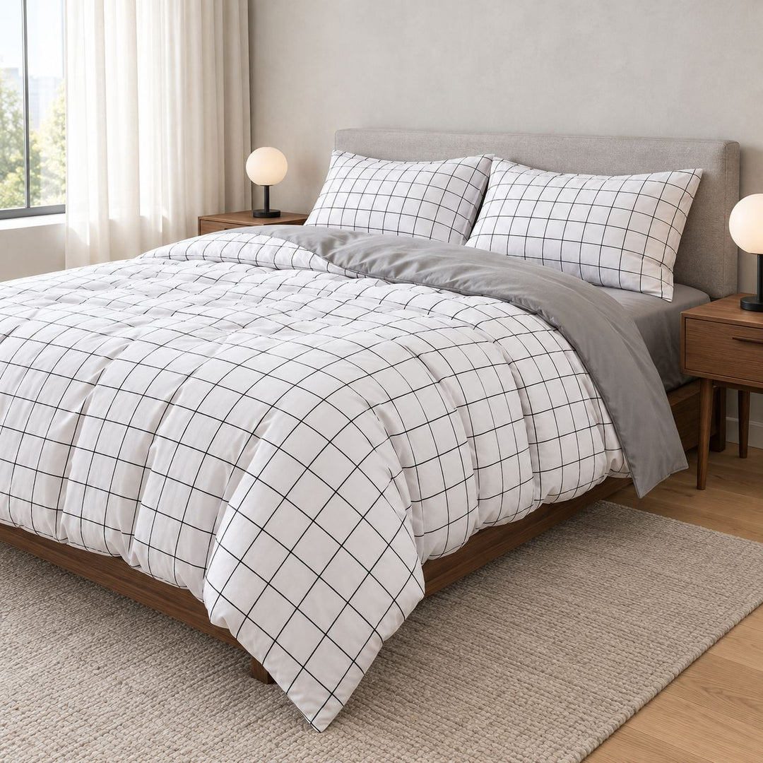 Modern Plain Grid Bedding Set Duvet Cover Flat Sheet and Pillow Cases Cotton Material