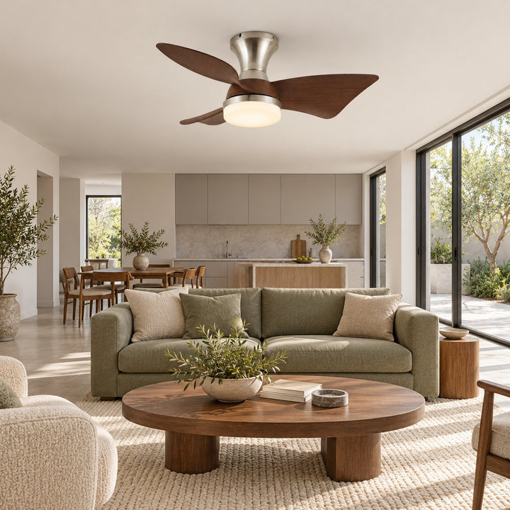 Modern Ceiling Fan with Lights Flush Mount Metal Frame ABS Blades Integrated LED 6-Speed Control