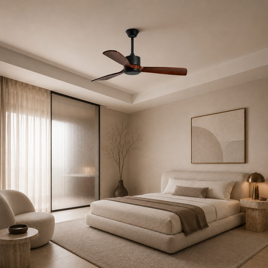 Modern Ceiling Fan 60 Inch Flush Mount Wood Blades Energy Efficient Remote Control in the bedroom