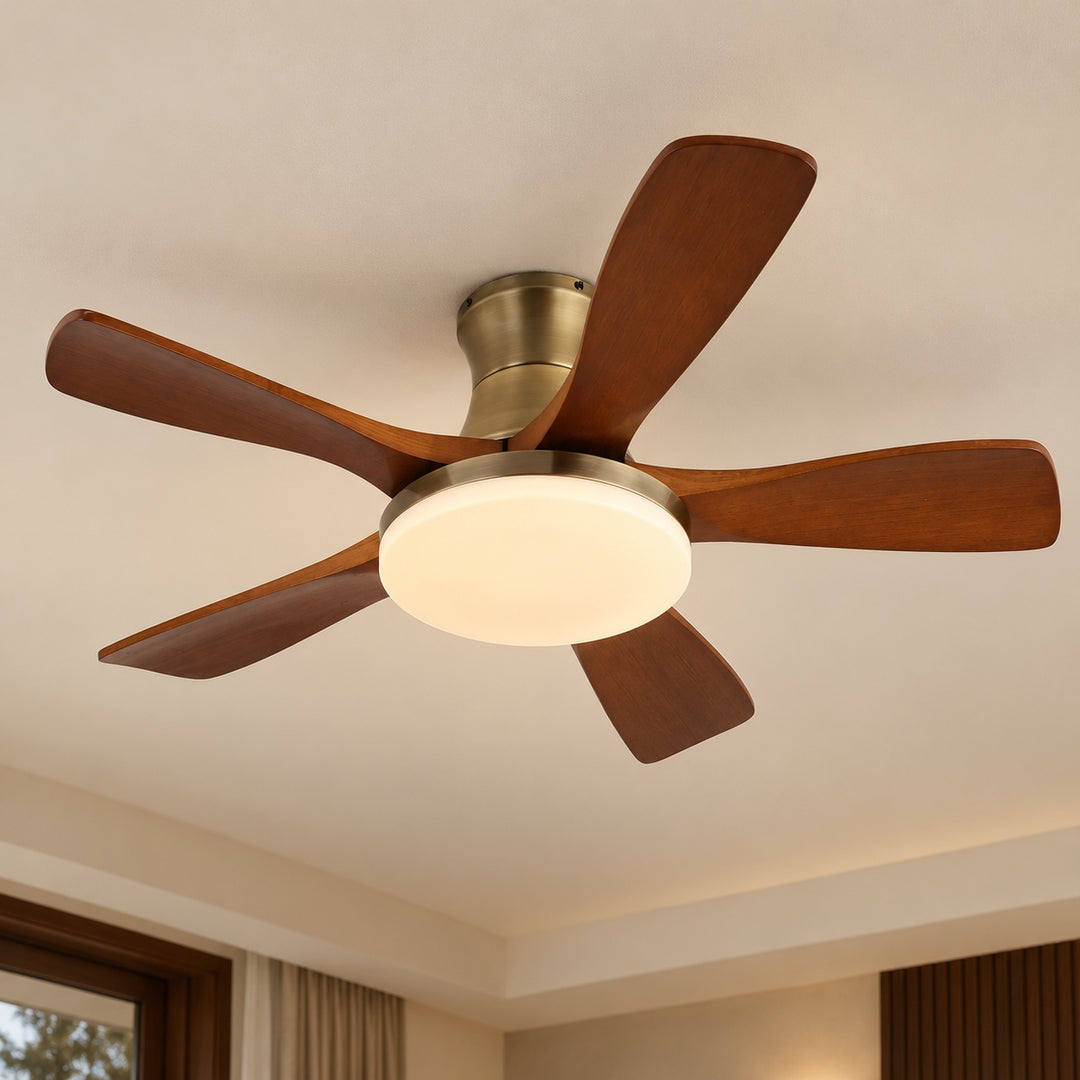 Modern Ceiling Fan with Lights Flush Mount Metal Frame Wooden Blades Integrated LED 6-Speed Control