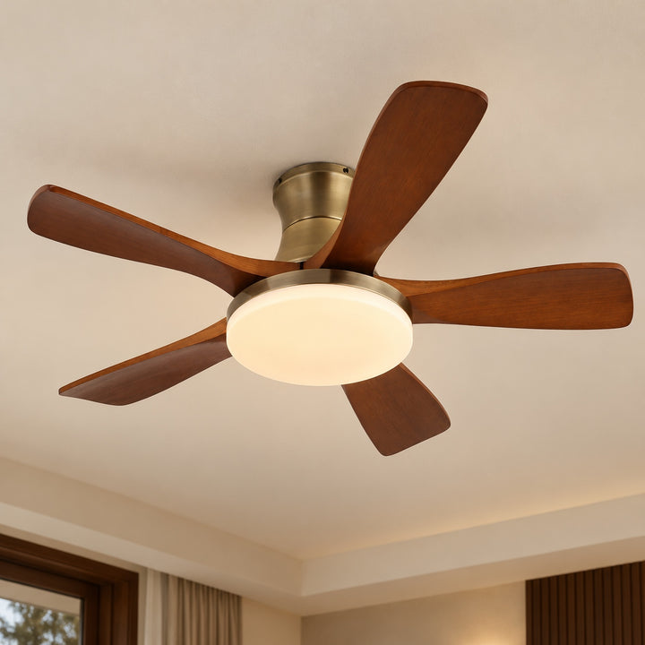 Modern Ceiling Fan with Lights Flush Mount Metal Frame Wooden Blades Integrated LED 6-Speed Control
