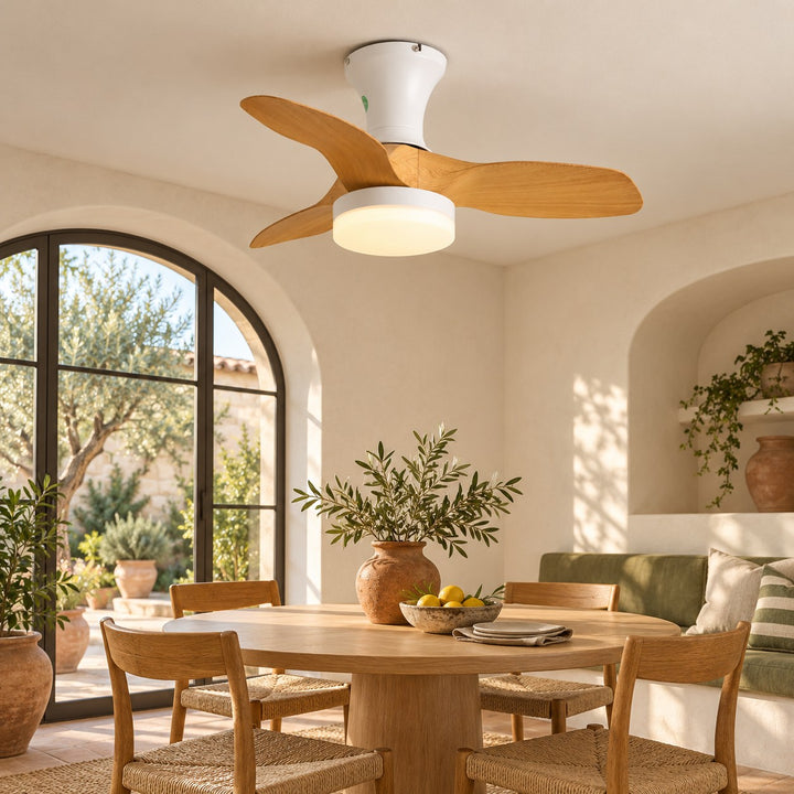 Modern Ceiling Fan Light Flush Mount Metal Frame ABS Blades Integrated LED Dimmable 6-Speed