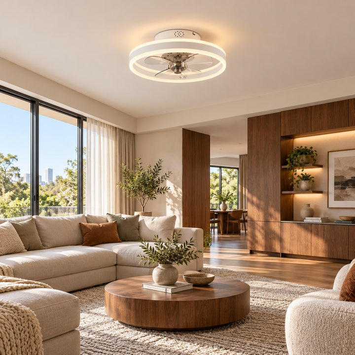 Modern Flush Mount Ceiling Fan with Dimmable LED Light and ABS Blades for Home Use