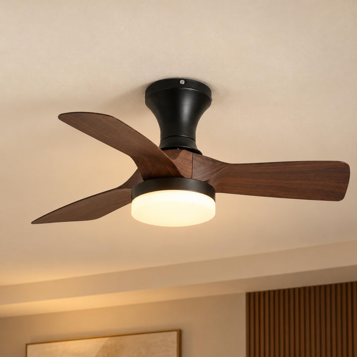 Modern Ceiling Fan Light Flush Mount Metal Frame ABS Blades Integrated LED Dimmable 6-Speed