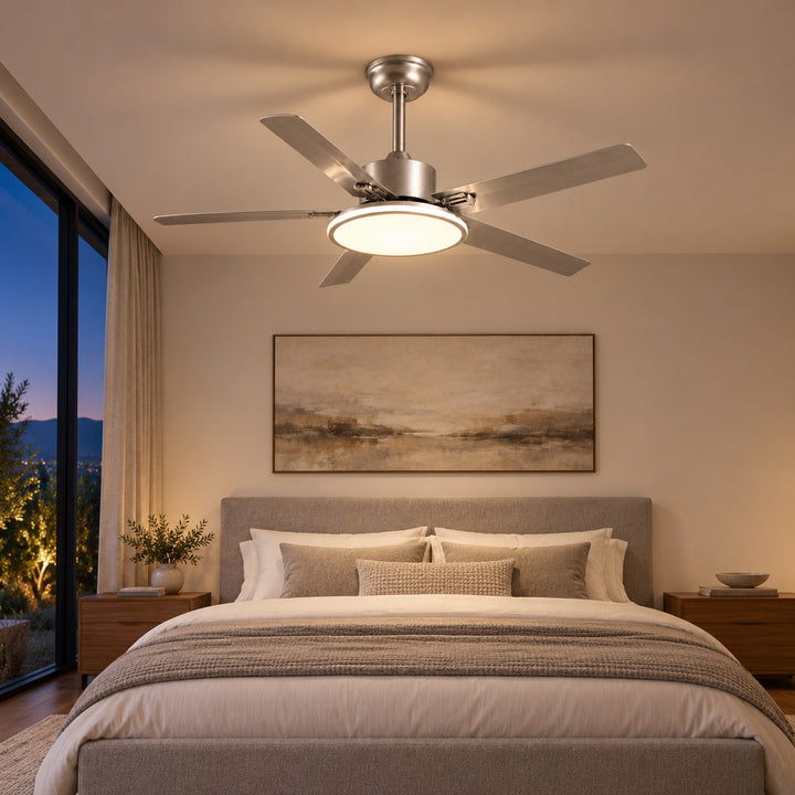 Modern Flush Mount Ceiling Fan Light Stainless Steel Acrylic LED 6-Speed DC Motor