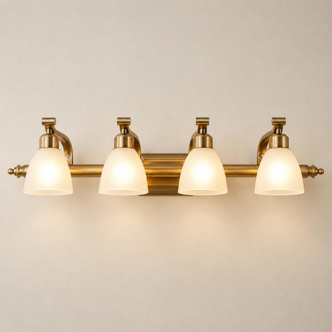 Modern Bathroom Wall Light Sconce with Four Frosted Glass Shades and Gold Finish for Indoor Use