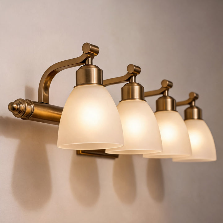 Modern Bathroom Wall Light Sconce with Four Frosted Glass Shades and Gold Finish for Indoor Use