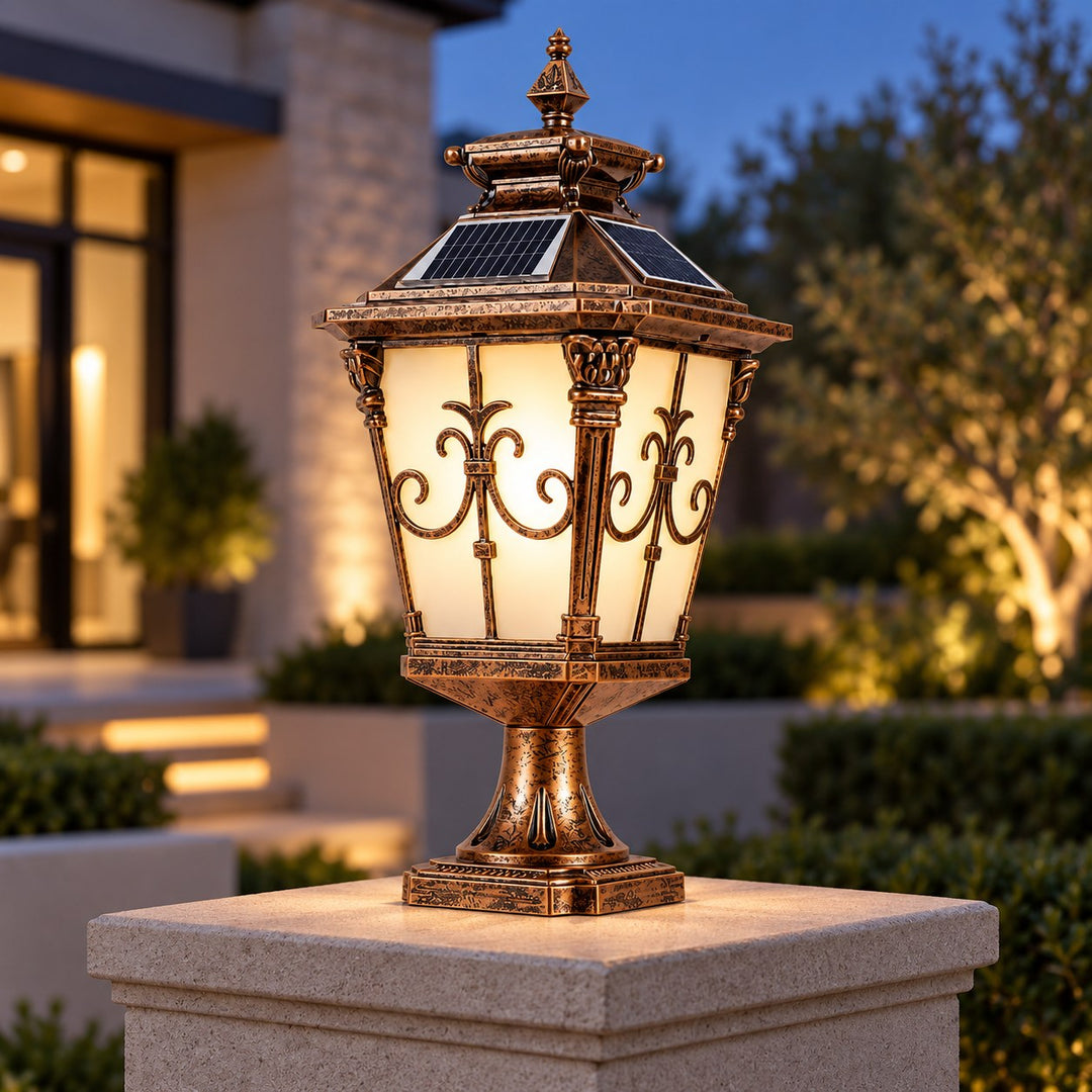 Victorian Outdoor Pillar Light Solar or Hardwired Die-Cast Aluminum Glass IP65