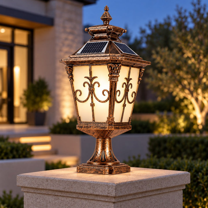Victorian Outdoor Pillar Light Solar or Hardwired Die-Cast Aluminum Glass IP65