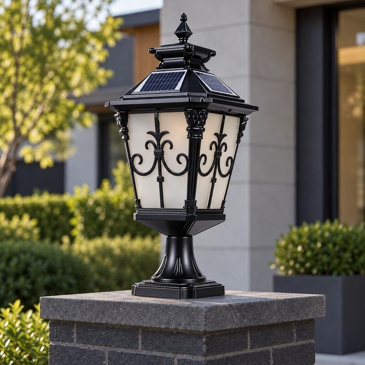 Victorian Outdoor Pillar Light Solar or Hardwired Die-Cast Aluminum Glass IP65