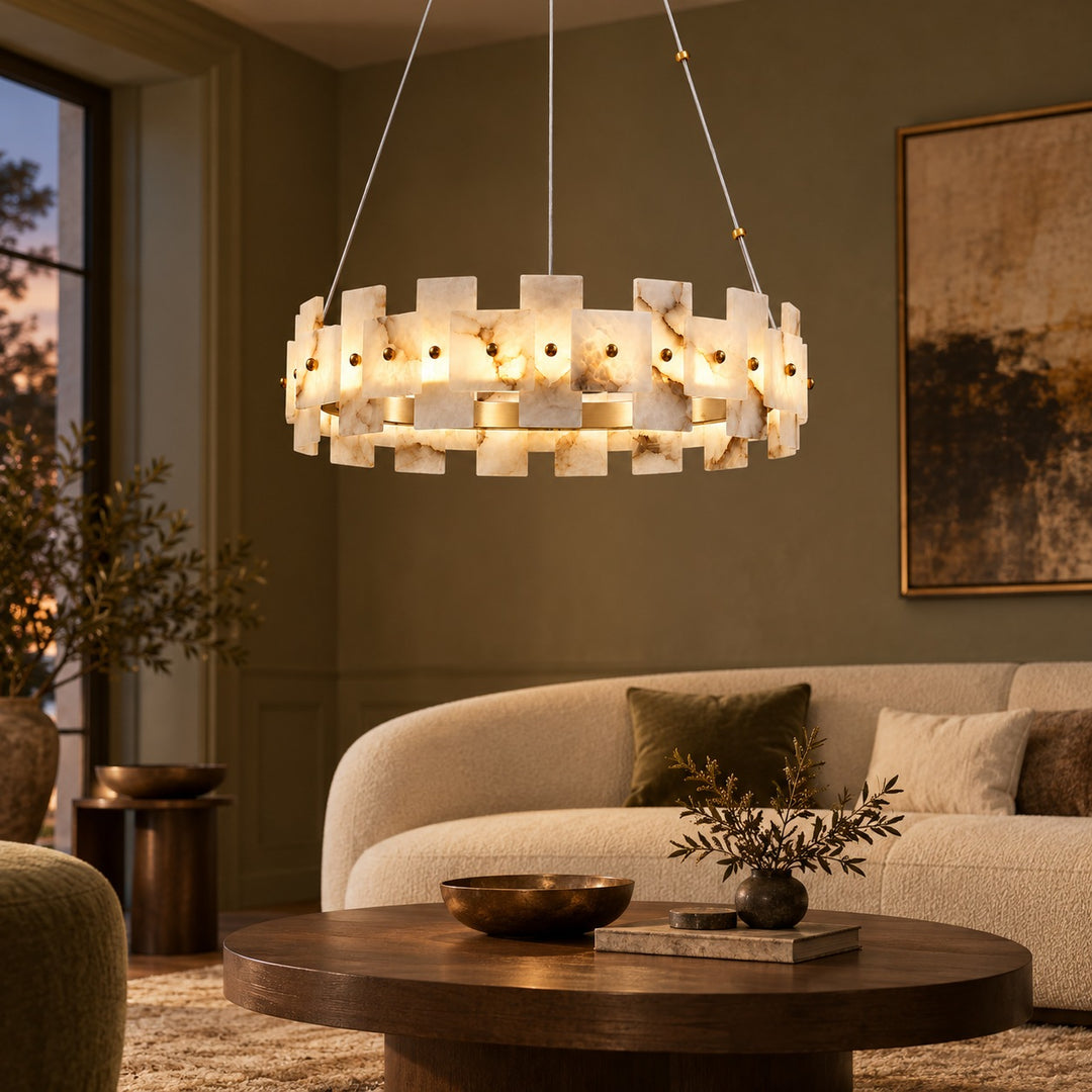 Modern Chandelier Ceiling Light Hanging Antique Brass Frame White Alabaster Panels LED