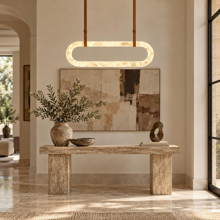 Modern Circle Chandelier Ceiling Mounted Metal Frame with White Alabaster Stone Lighting