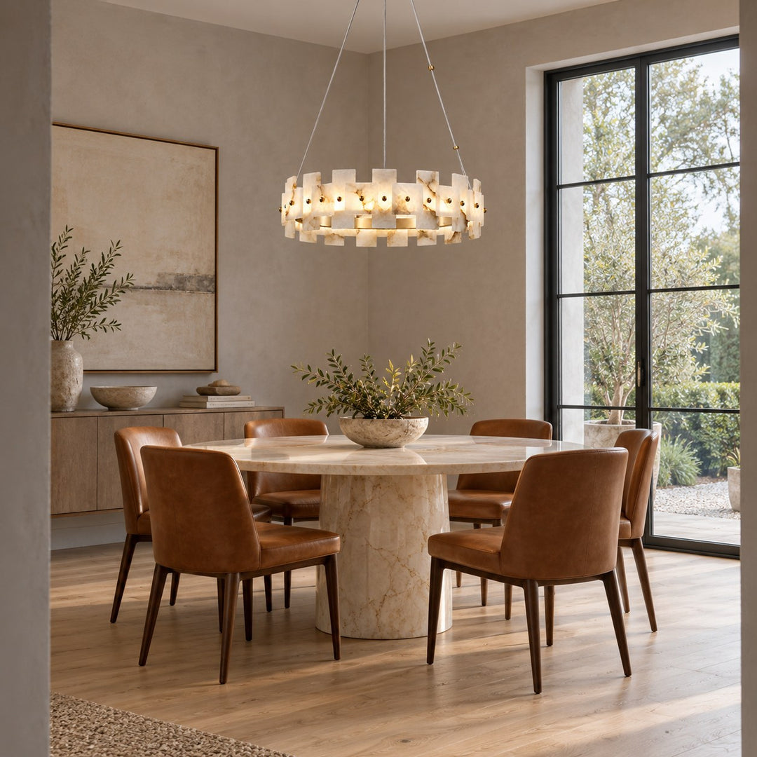Modern Chandelier Ceiling Light Hanging Antique Brass Frame White Alabaster Panels LED