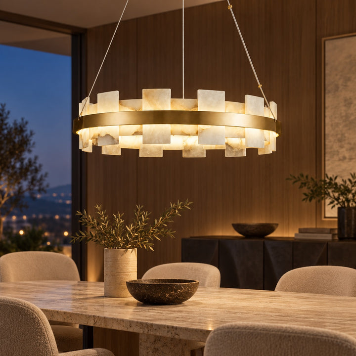 Modern Chandelier Ceiling Light Hanging Antique Brass Frame White Alabaster Panels LED