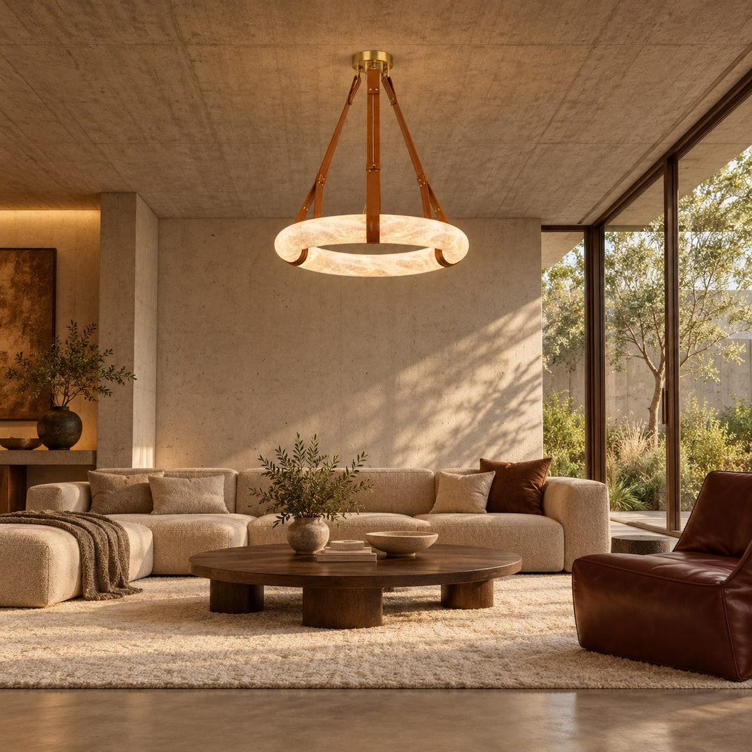 Modern Chandelier Light Ceiling Mounted Alabaster Shade with Warm Translucent Glow