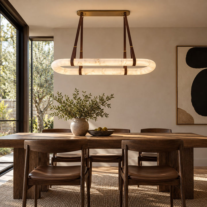 Modern Circle Chandelier Ceiling Mounted Metal Frame with White Alabaster Stone Lighting