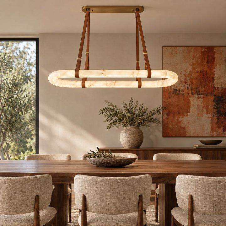 Modern Circle Chandelier Ceiling Mounted Metal Frame with White Alabaster Stone Lighting