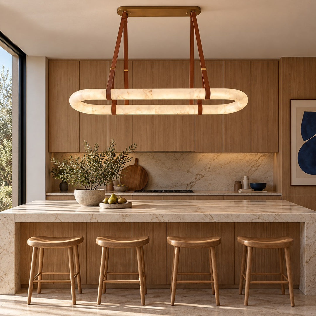 Modern Circle Chandelier Ceiling Mounted Metal Frame with White Alabaster Stone Lighting