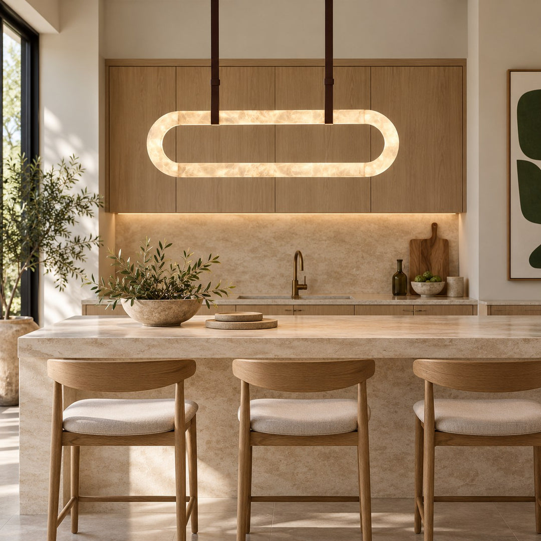 Modern Circle Chandelier Ceiling Mounted Metal Frame with White Alabaster Stone Lighting