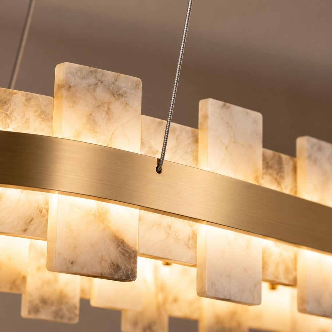 Modern Chandelier Ceiling Light Hanging Antique Brass Frame White Alabaster Panels LED