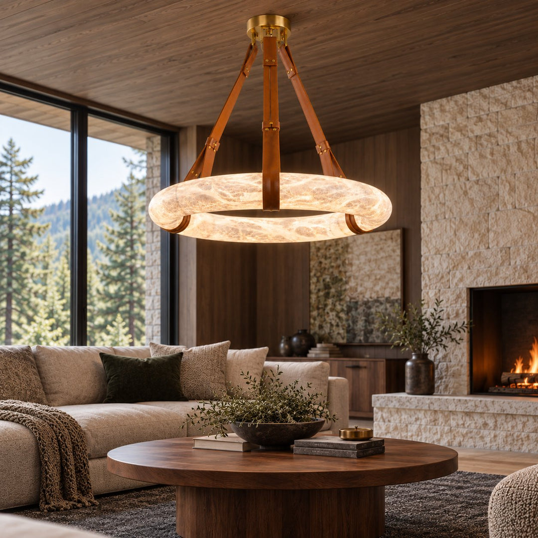 Modern Chandelier Light Ceiling Mounted Alabaster Shade with Warm Translucent Glow