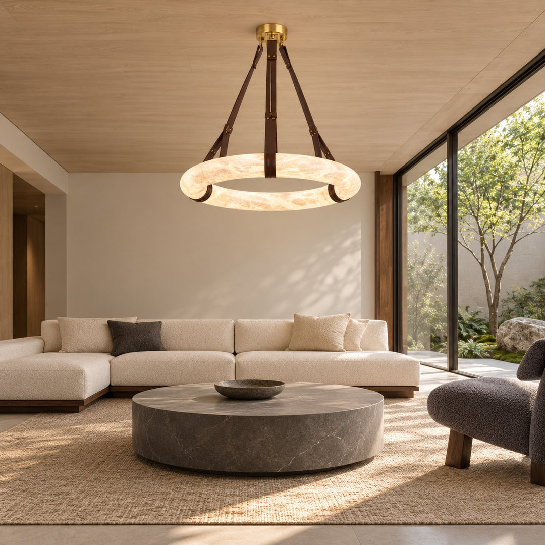 Modern Chandelier Light Ceiling Mounted Alabaster Shade with Warm Translucent Glow