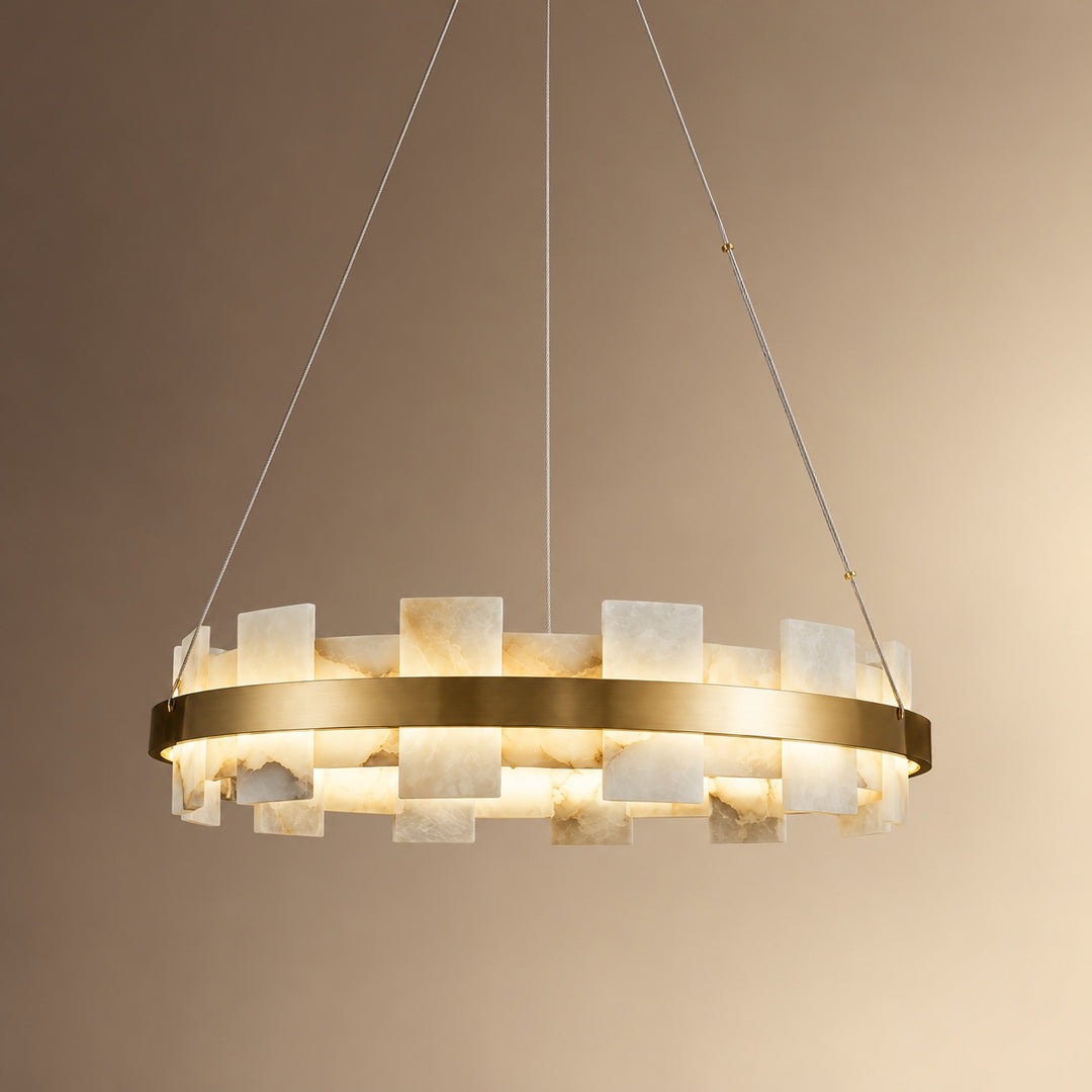 Modern Chandelier Ceiling Light Hanging Antique Brass Frame White Alabaster Panels LED