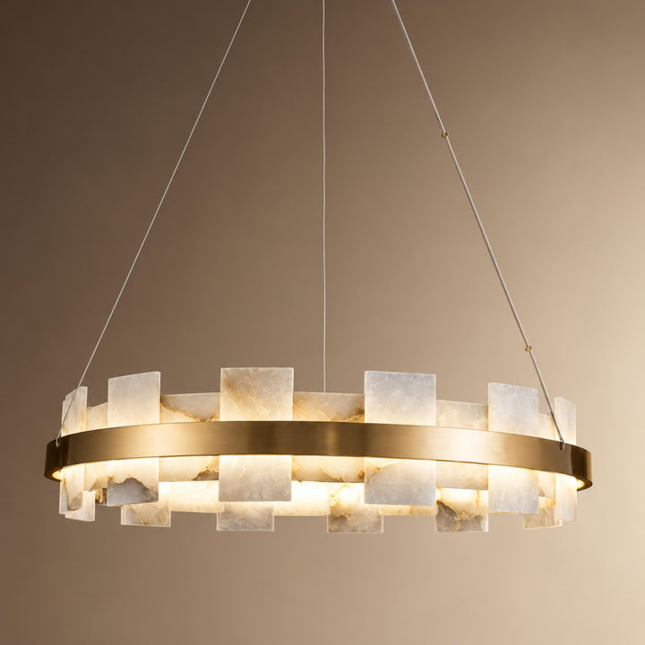 Modern Chandelier Ceiling Light Hanging Antique Brass Frame White Alabaster Panels LED