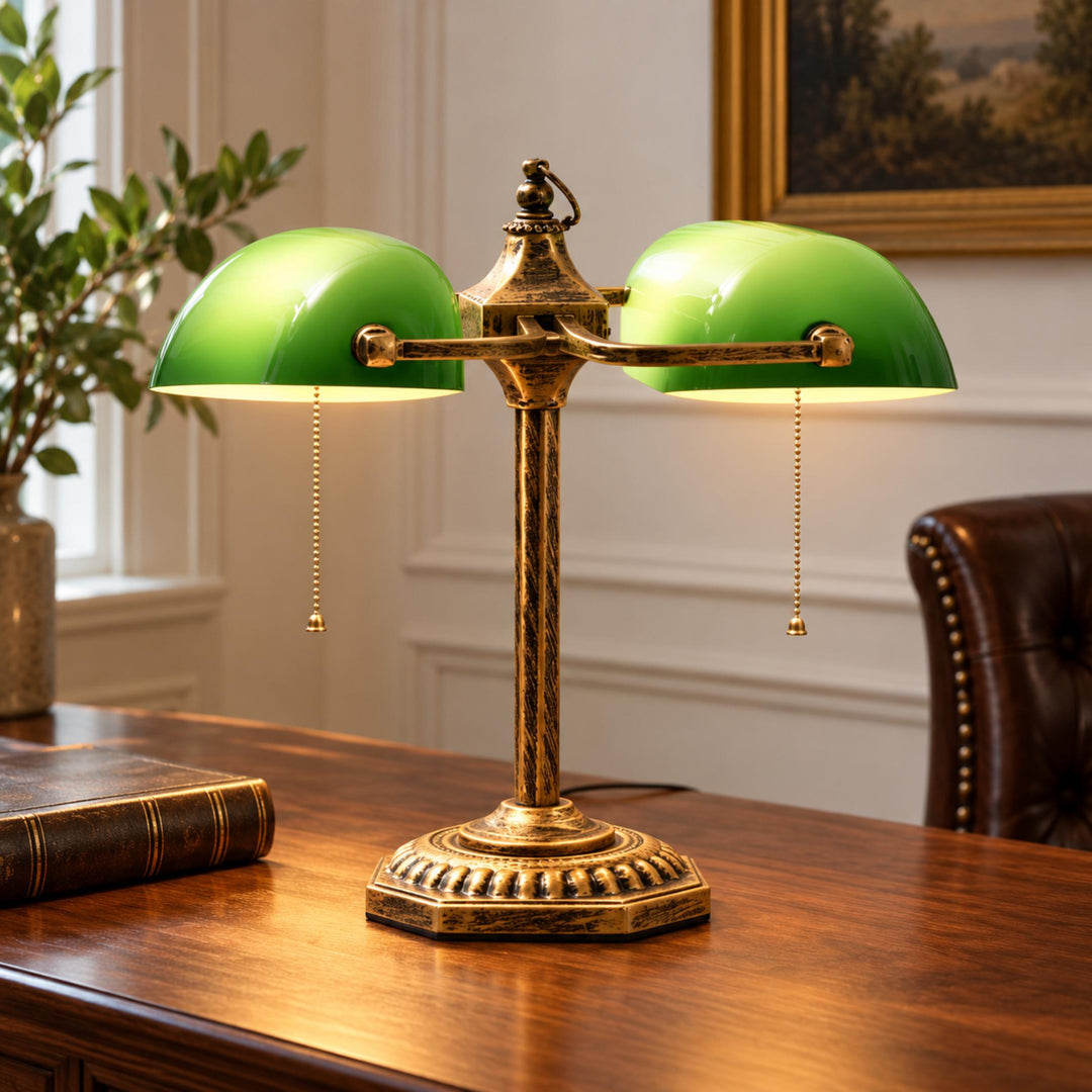 Industrial Table Lamp with Antique Brass Base and Emerald Glass Shades for Bedroom or Desk Use
