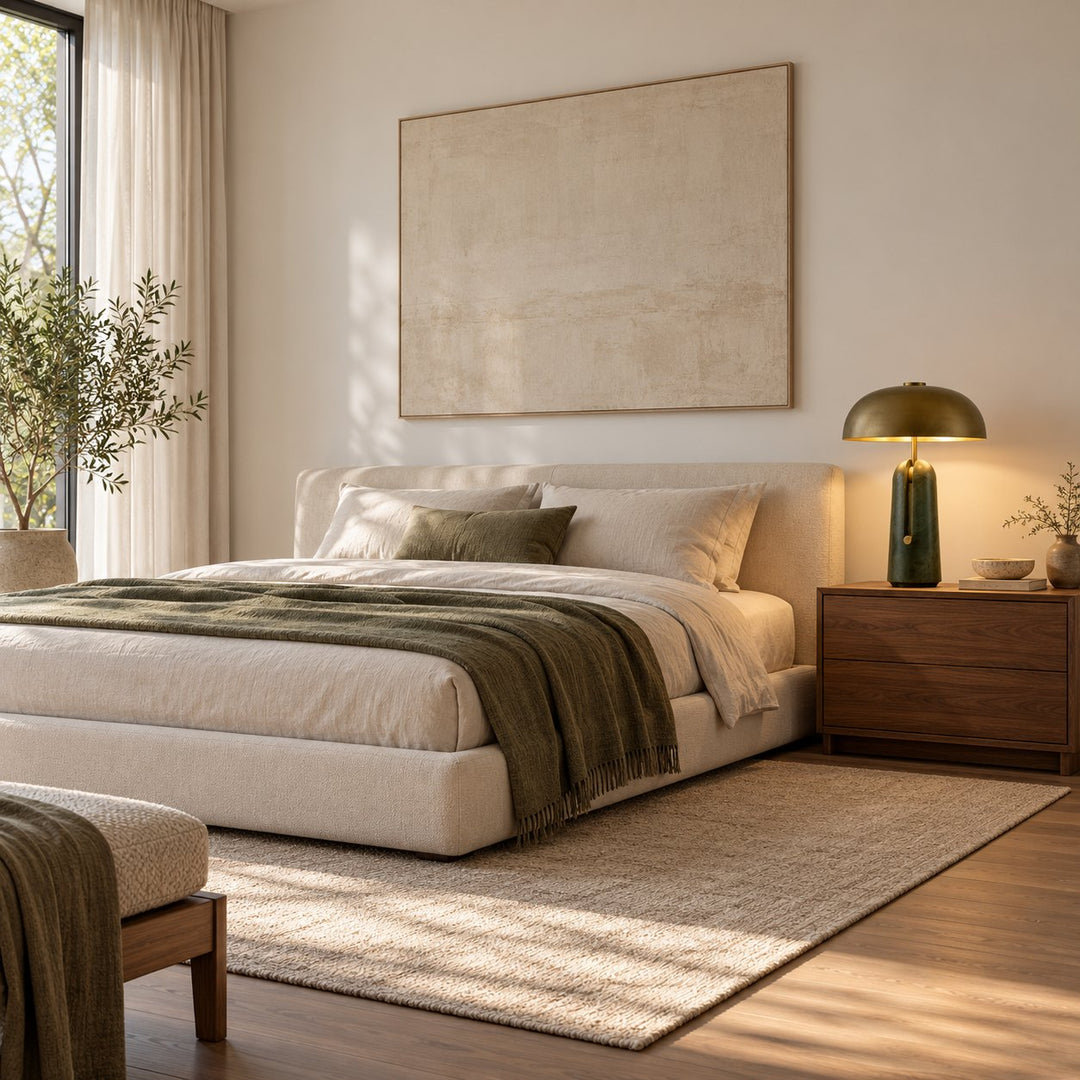 Contemporary Table Lamp with Metal Shade and Travertine Base for Bedroom or Living Room