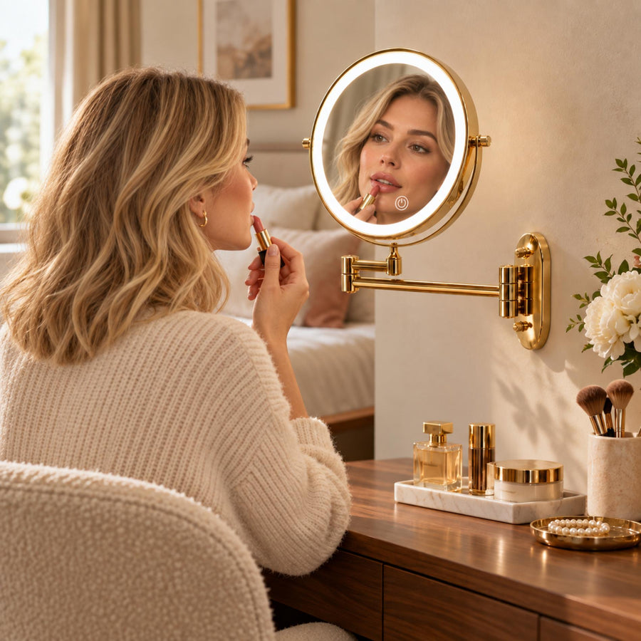 Modern Makeup Mirror with Lights Rechargeable 360° Rotating Two-Sided Magnifying Glass in the dressing table