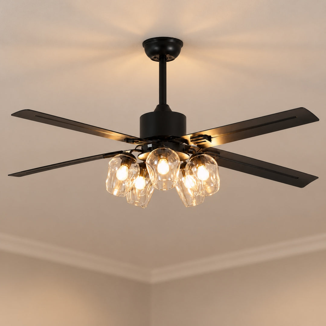 Vintage Black Ceiling Fan Light Flush Mount Metal with Integrated LED Illumination