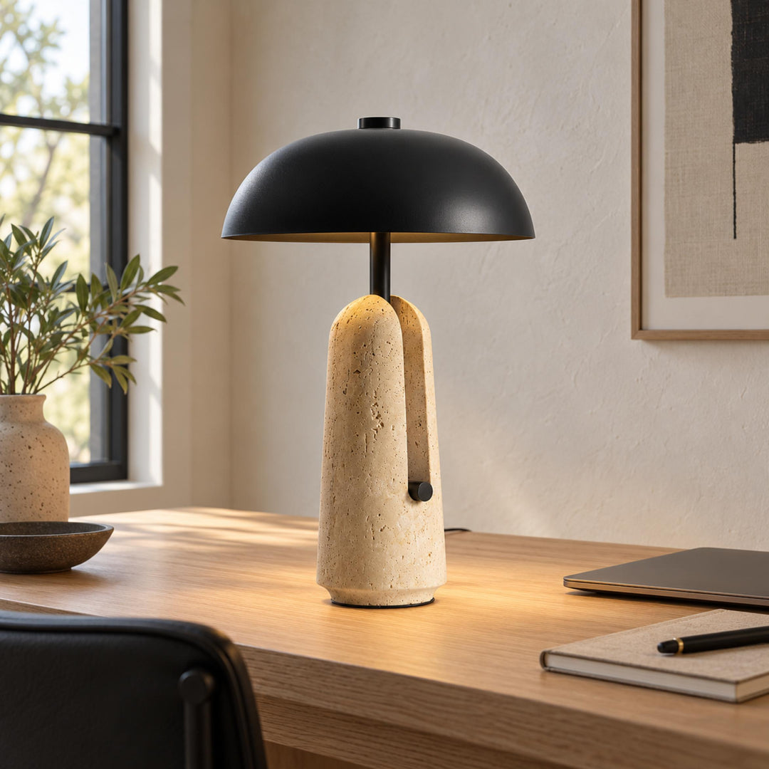 Contemporary Table Lamp with Metal Shade and Travertine Base for Bedroom or Living Room