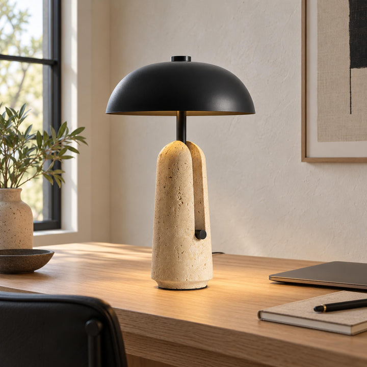 Contemporary Table Lamp with Metal Shade and Travertine Base for Bedroom or Living Room