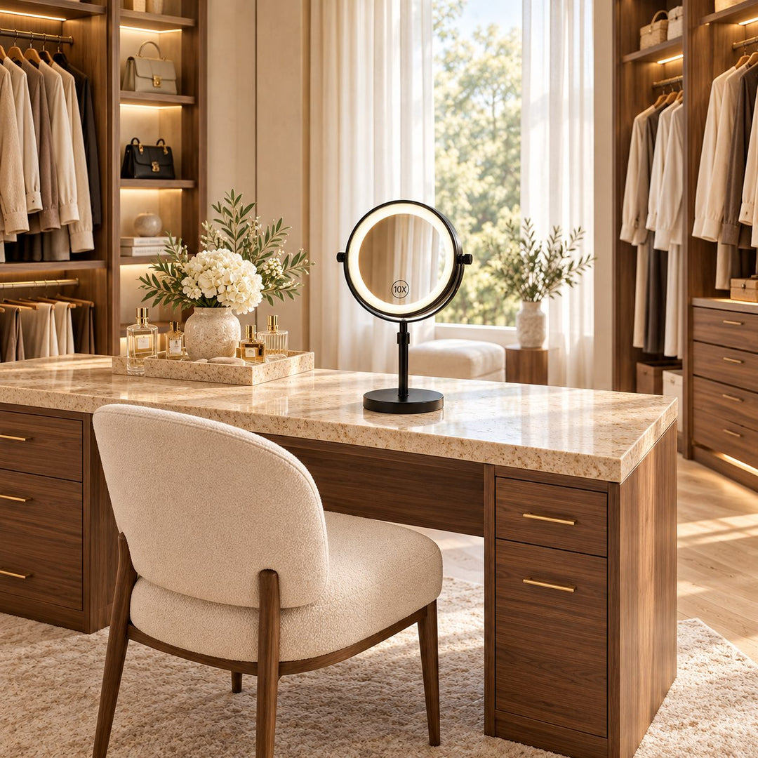 Modern Makeup Mirror with Lights Adjustable Height Dual-Sided 10X Magnifying USB Powered Dimmable