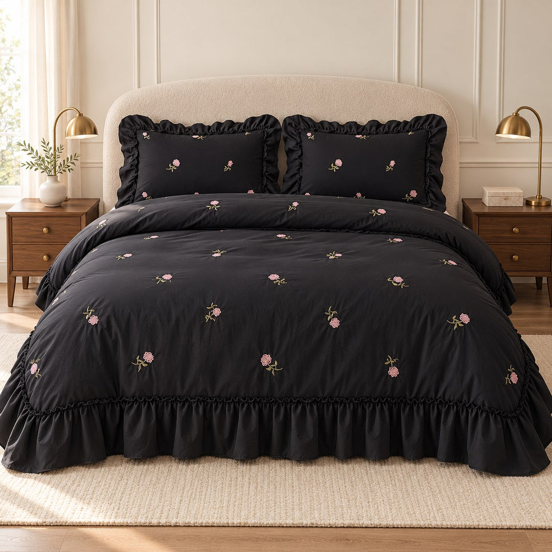 Floral Duvet Cover Set with Ruffled Pillowcases Soft Cotton for Coquette Bedroom Aesthetic