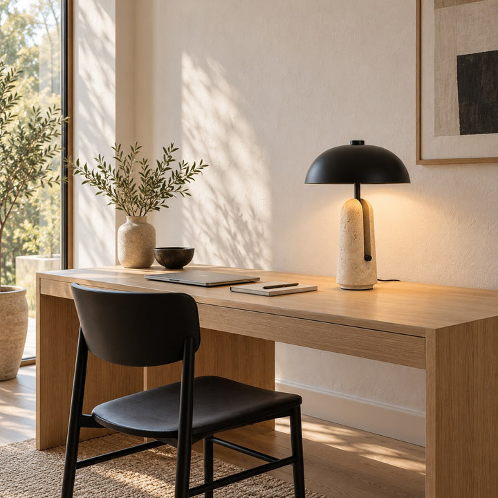 Contemporary Table Lamp with Metal Shade and Travertine Base for Bedroom or Living Room